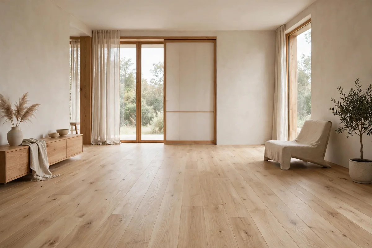 Light oak wood plank floors with matte finish in a Japandi living room