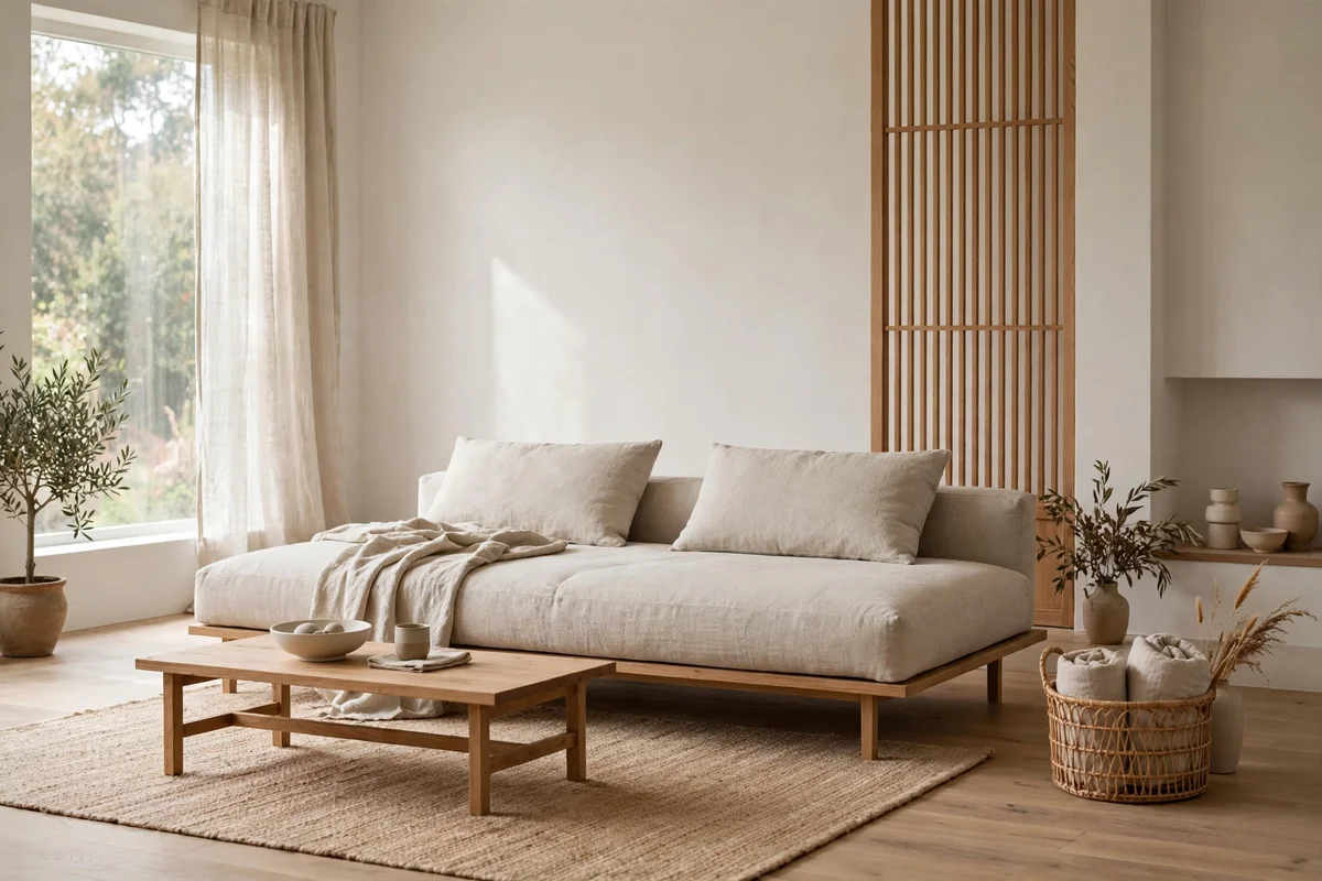 Low platform sofa in oatmeal linen in a minimalist Japandi living room