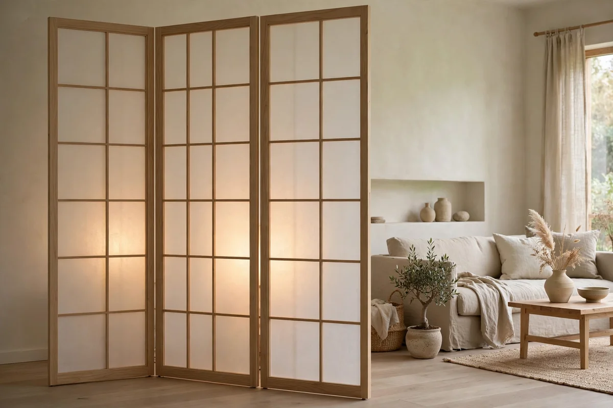 Shoji-inspired wooden room divider screen with translucent panels in a Japandi living room