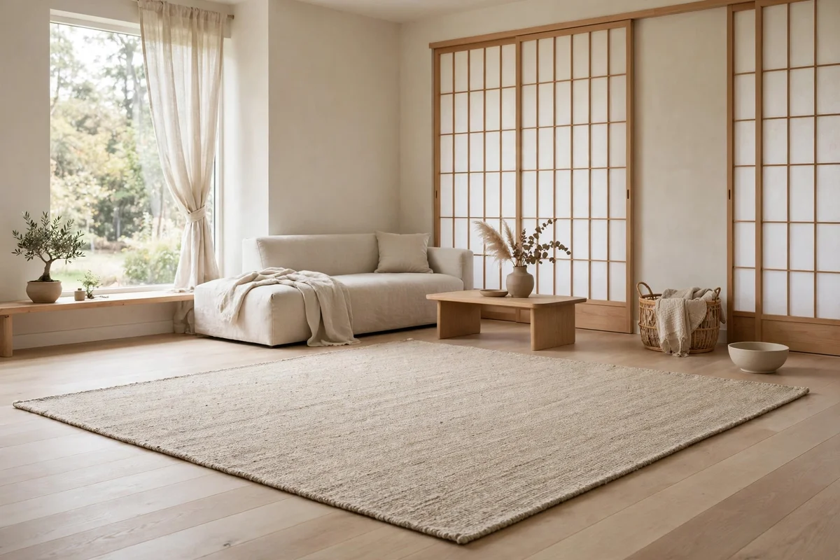 Flatweave wool rug in natural oatmeal tones layered in a Japandi living room