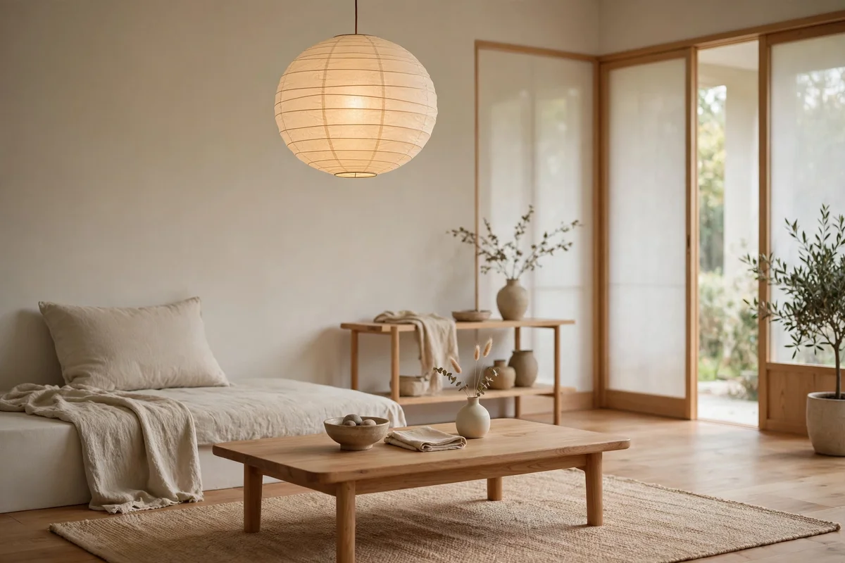 Round paper lantern pendant light glowing softly in a Japandi living room