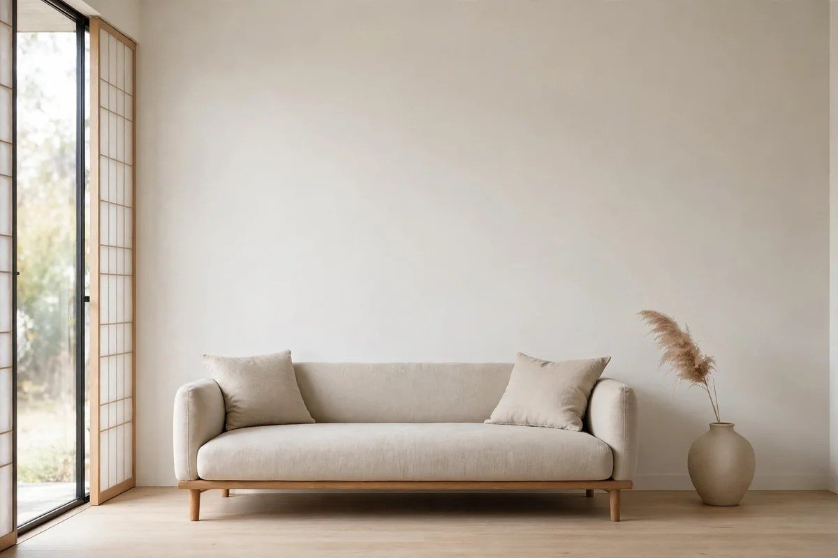 Uncluttered Japandi living room with intentional negative space and minimal decor