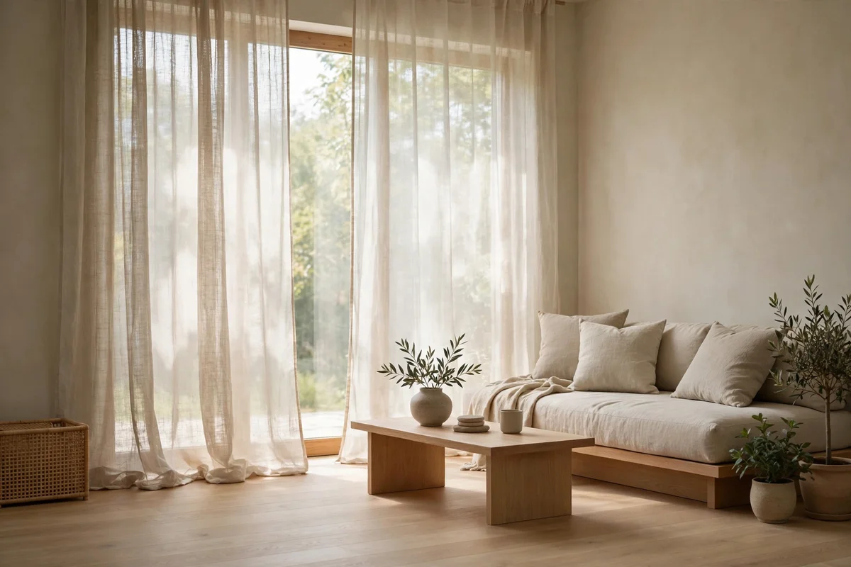 Sheer linen curtains filtering soft daylight in a calm Japandi living room