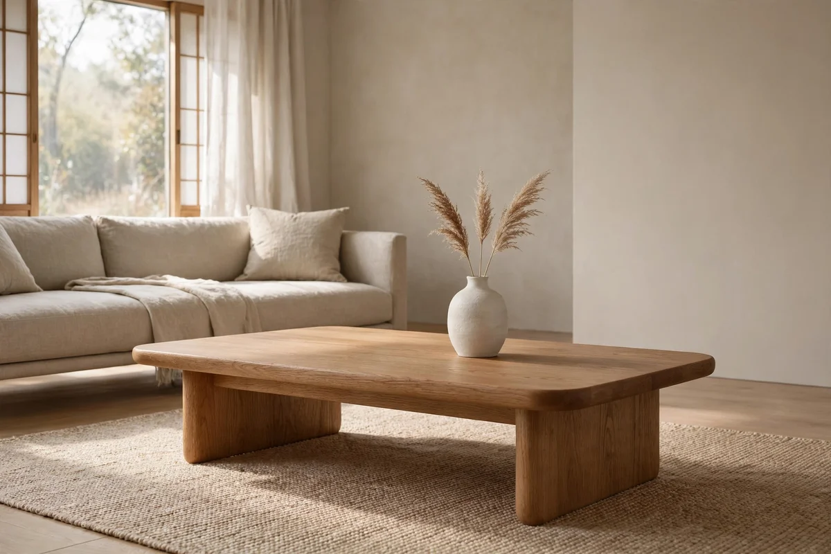 Low wooden coffee table with softly rounded edges in a Japandi living room