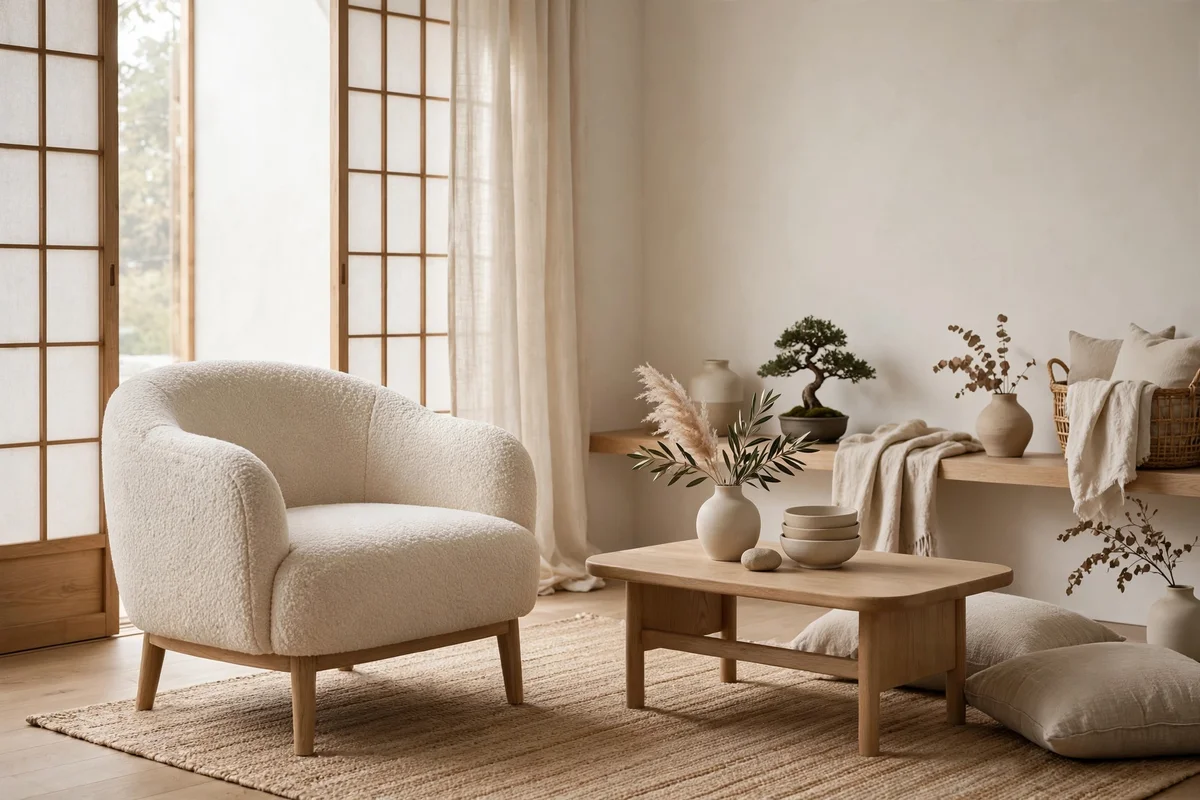 Curved boucle accent chair in cream in a minimalist Japandi living room