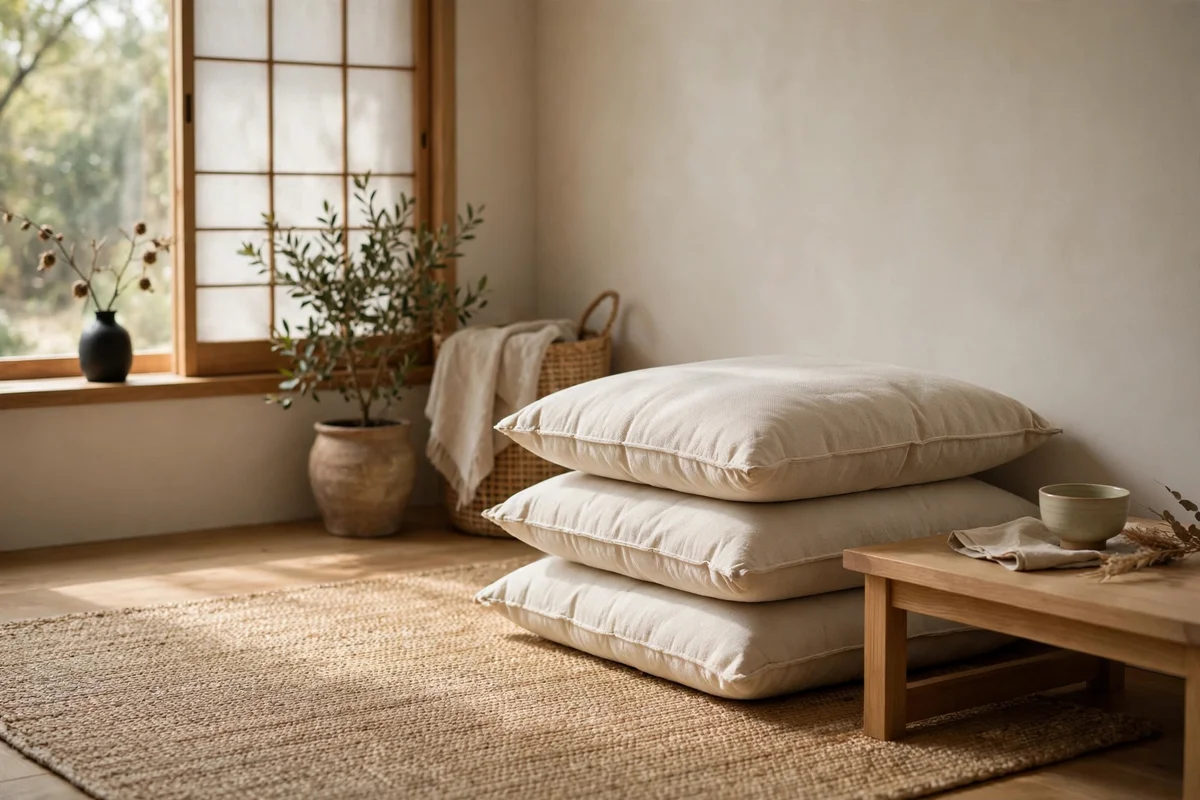 Zabuton floor cushions in natural cotton arranged in a Japandi living room corner