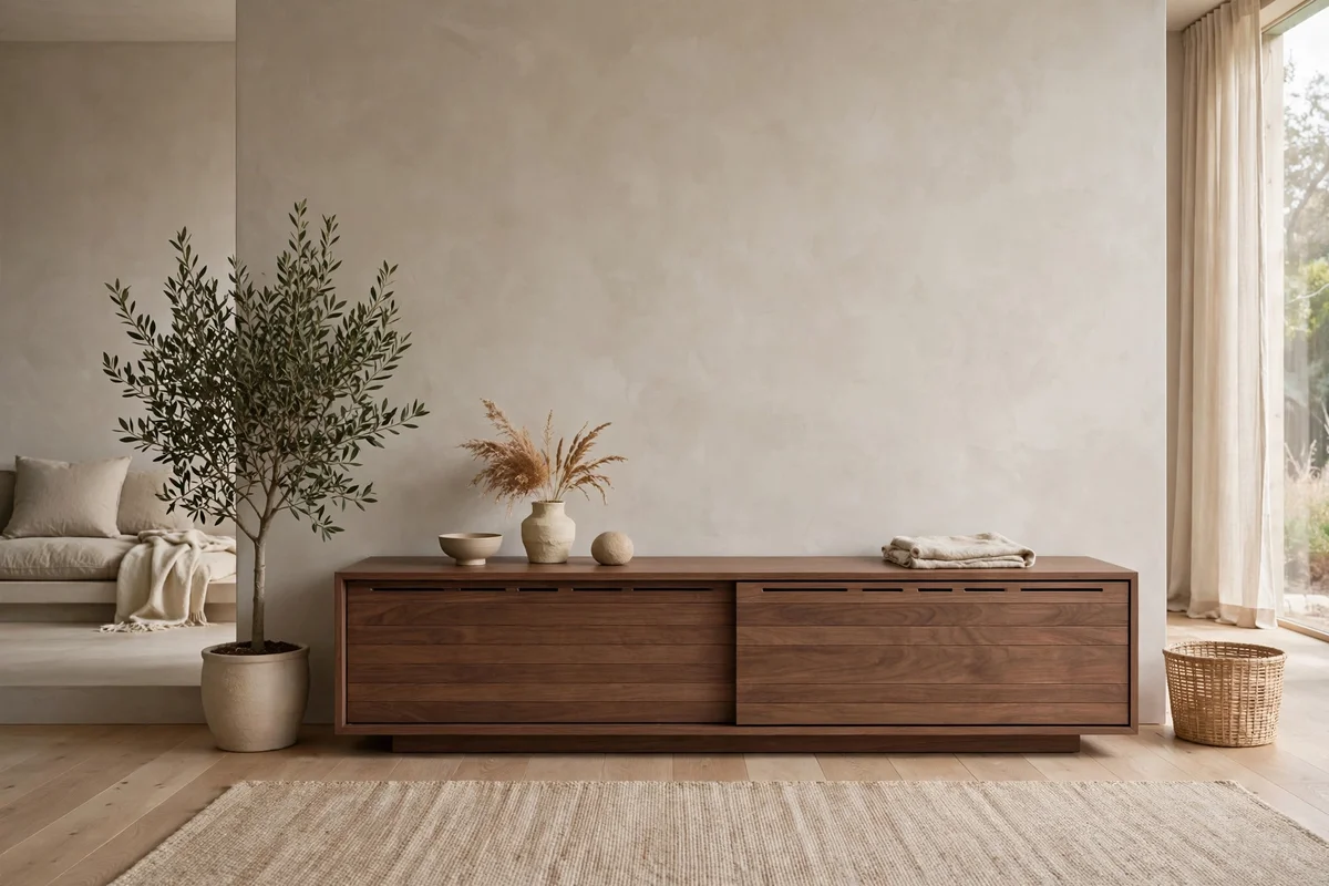 Low streamlined walnut media console with clean lines in a Japandi living room