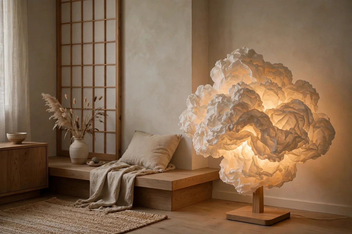 Sculptural washi paper floor lamp glowing warmly in a Japandi living room corner