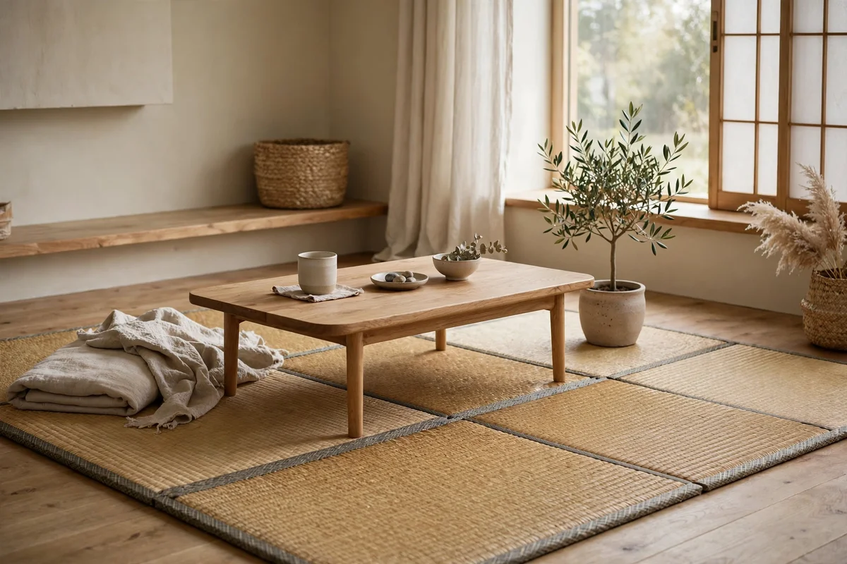 Tatami-style woven rush mats used as an area rug in a Japandi living room