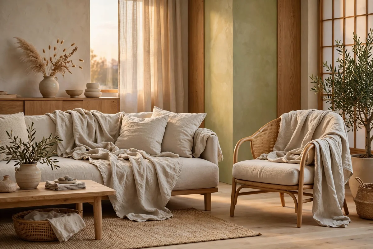 Oatmeal linen throw blankets draped over seating in a cozy Japandi living room