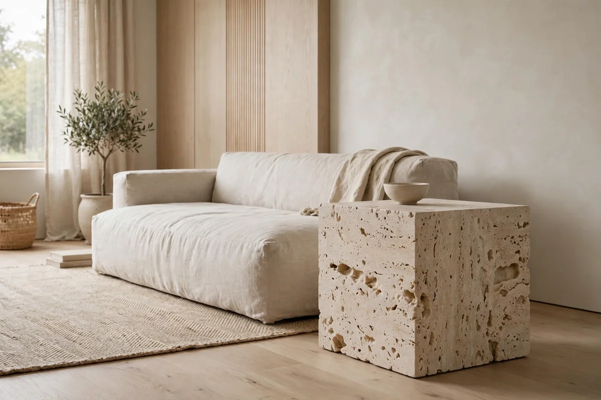 Honed travertine stone side table beside a sofa in a Japandi living room