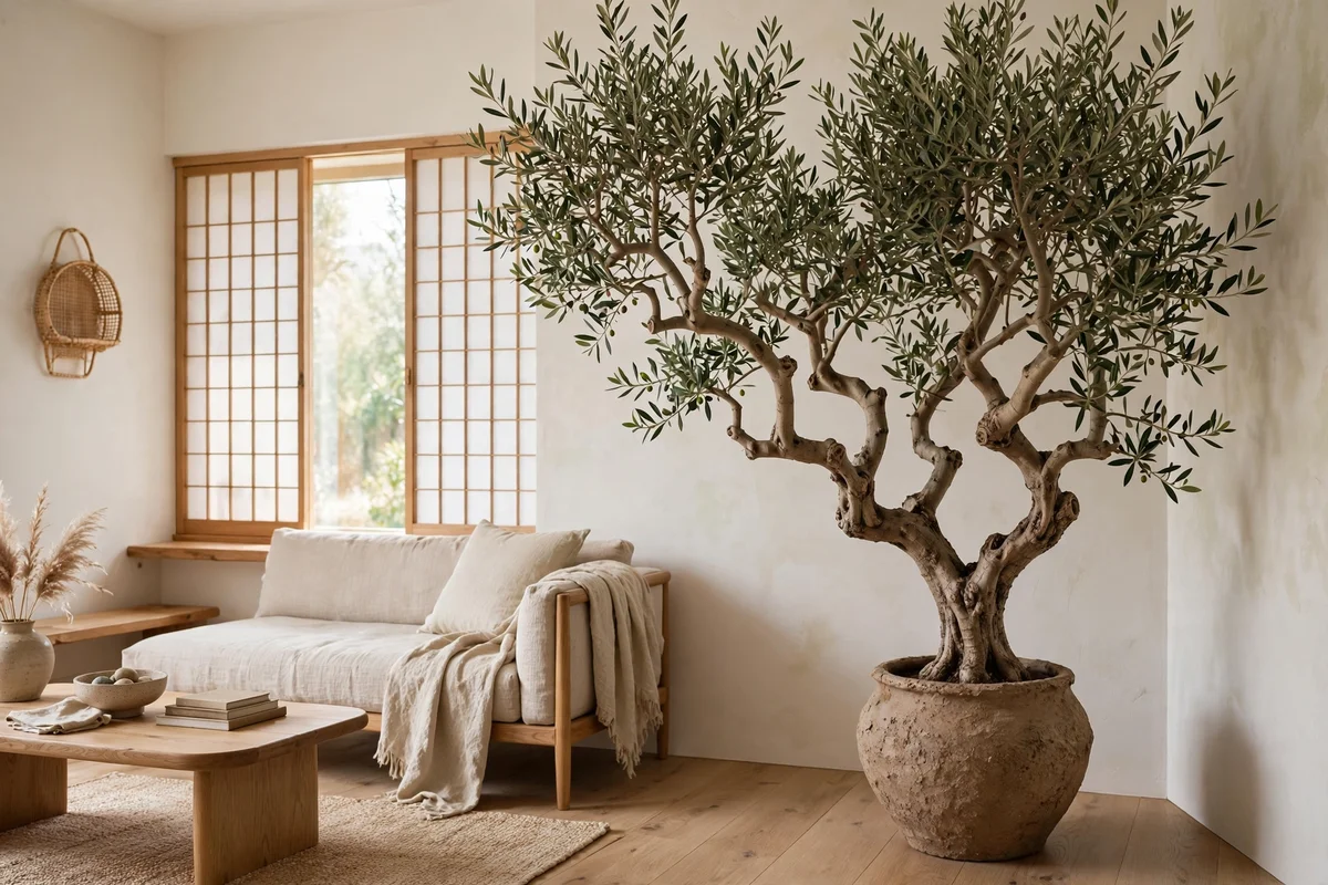 Sculptural olive tree in a clay pot in the corner of a Japandi living room
