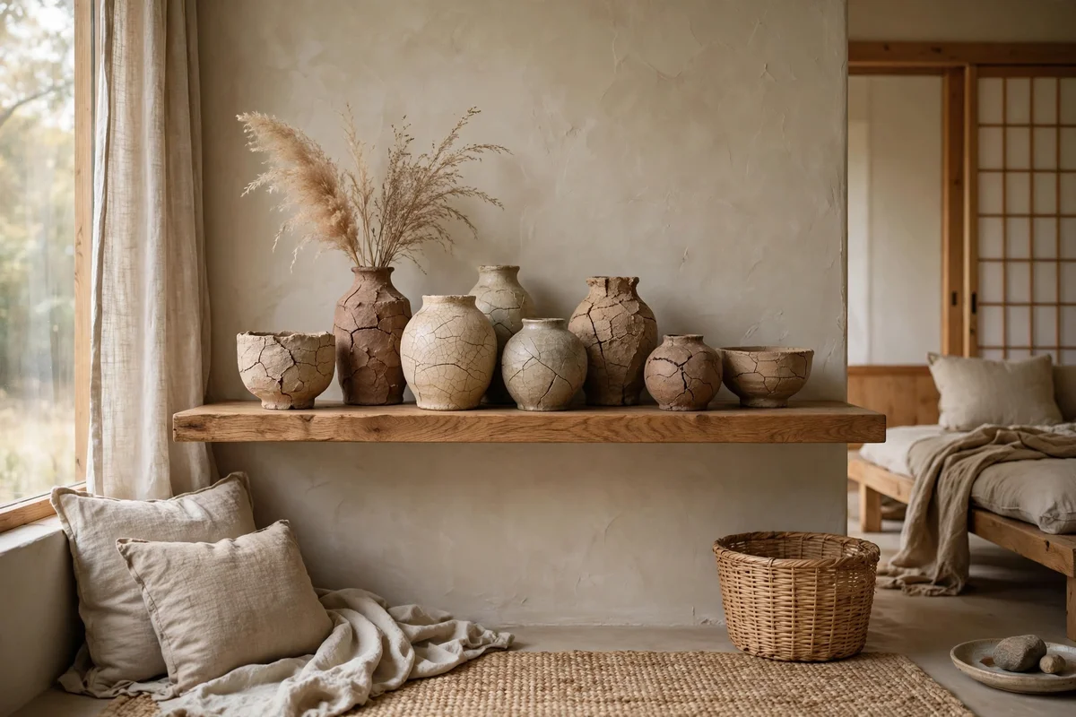 Handmade wabi-sabi ceramic vessels with imperfect textures displayed in a Japandi living room