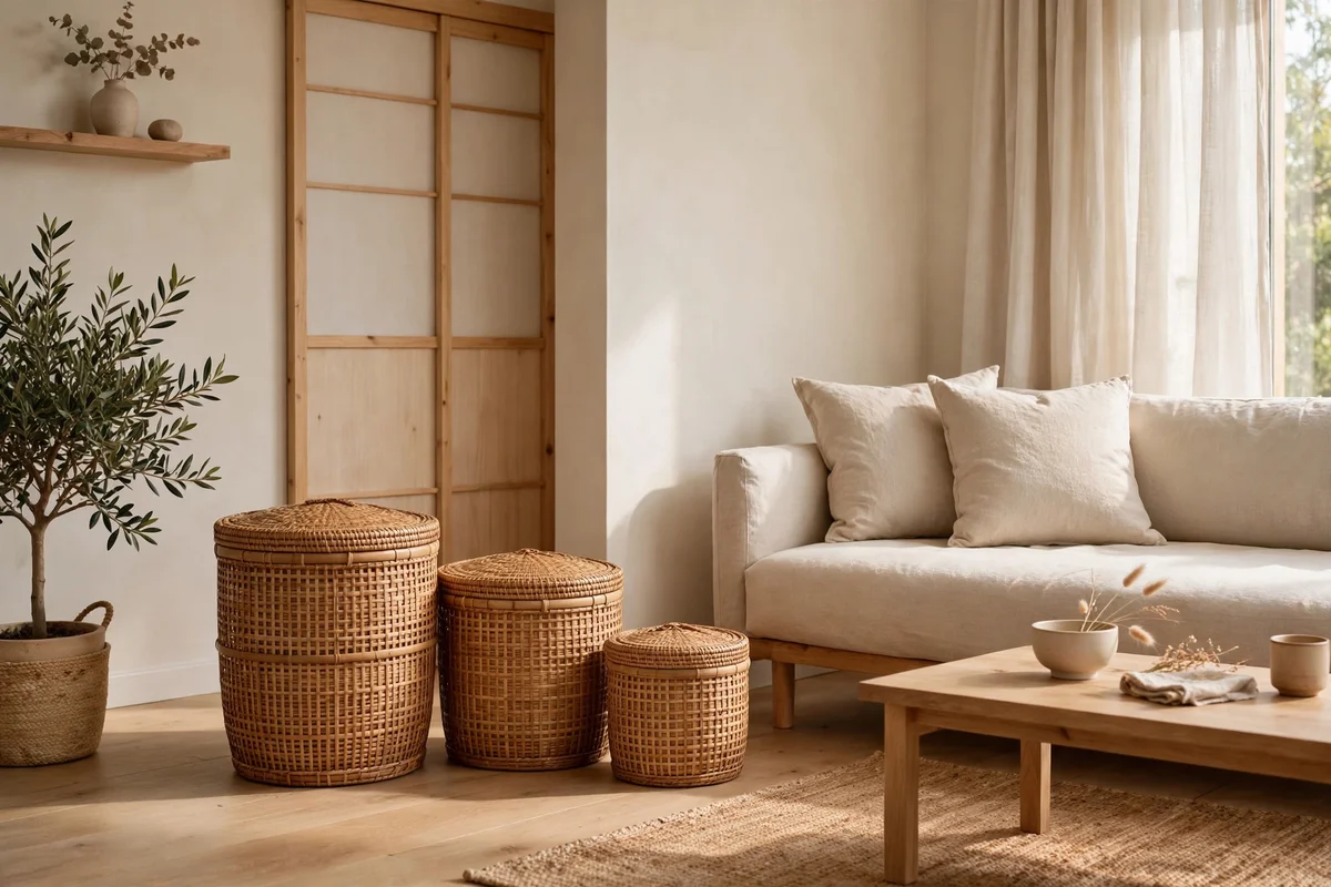 Woven bamboo and rattan storage baskets in a tidy Japandi living room