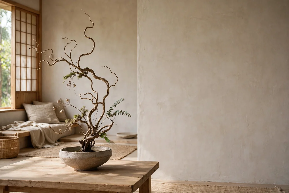 Minimal ikebana flower arrangement with branches in a ceramic vessel in a Japandi living room