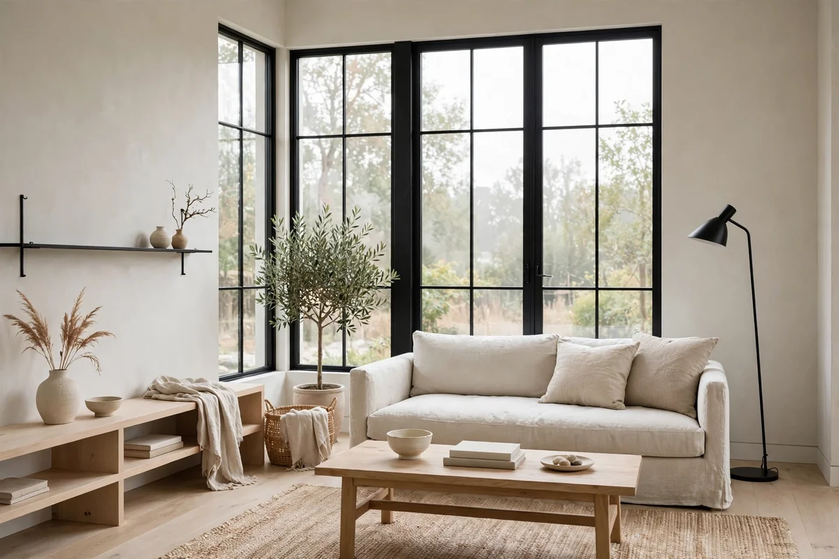 Sparingly used black metal accents grounding the pale palette of a Japandi living room