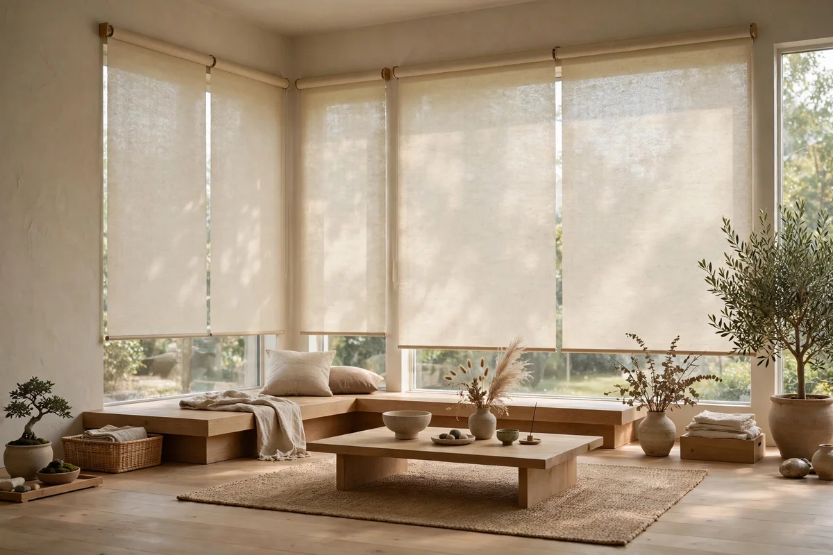 Rice paper roller shades filtering light in a Japandi living room with large windows