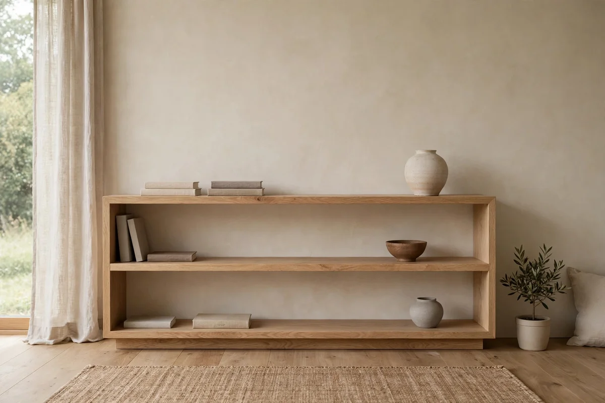 Low wooden bookshelf styled with breathing room and minimal objects in a Japandi living room