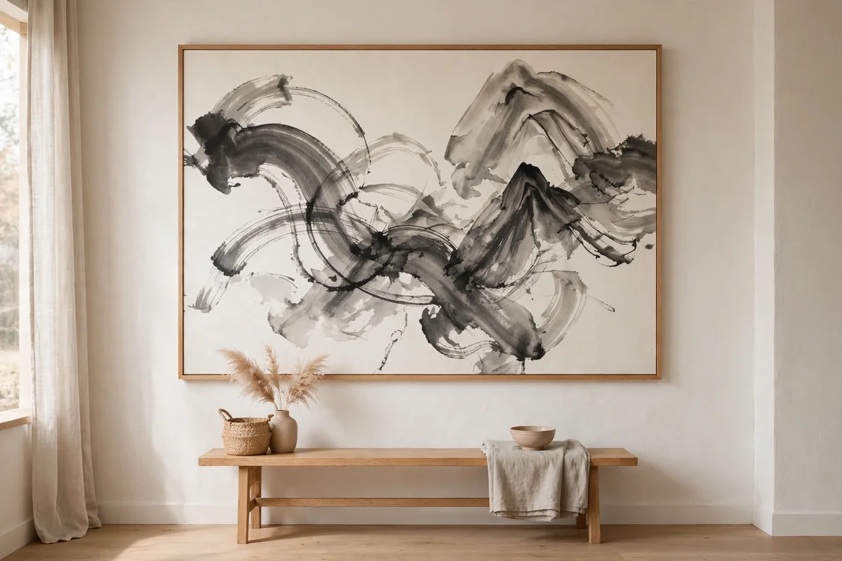 Oversized abstract ink-wash artwork in a thin frame on a warm white wall in a Japandi living room