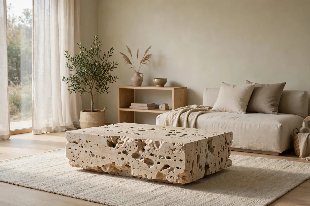 Travertine stone coffee table with natural pitting as centerpiece of a Japandi living room