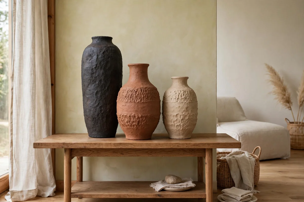 Grouped textured clay vases in earth tones styled on a wooden console in a Japandi living room