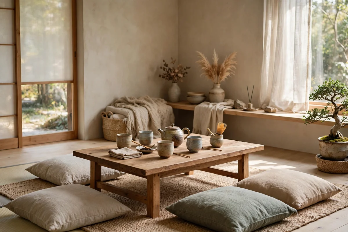 Japanese tea corner with low table, handmade cups and teapot in a serene Japandi living room