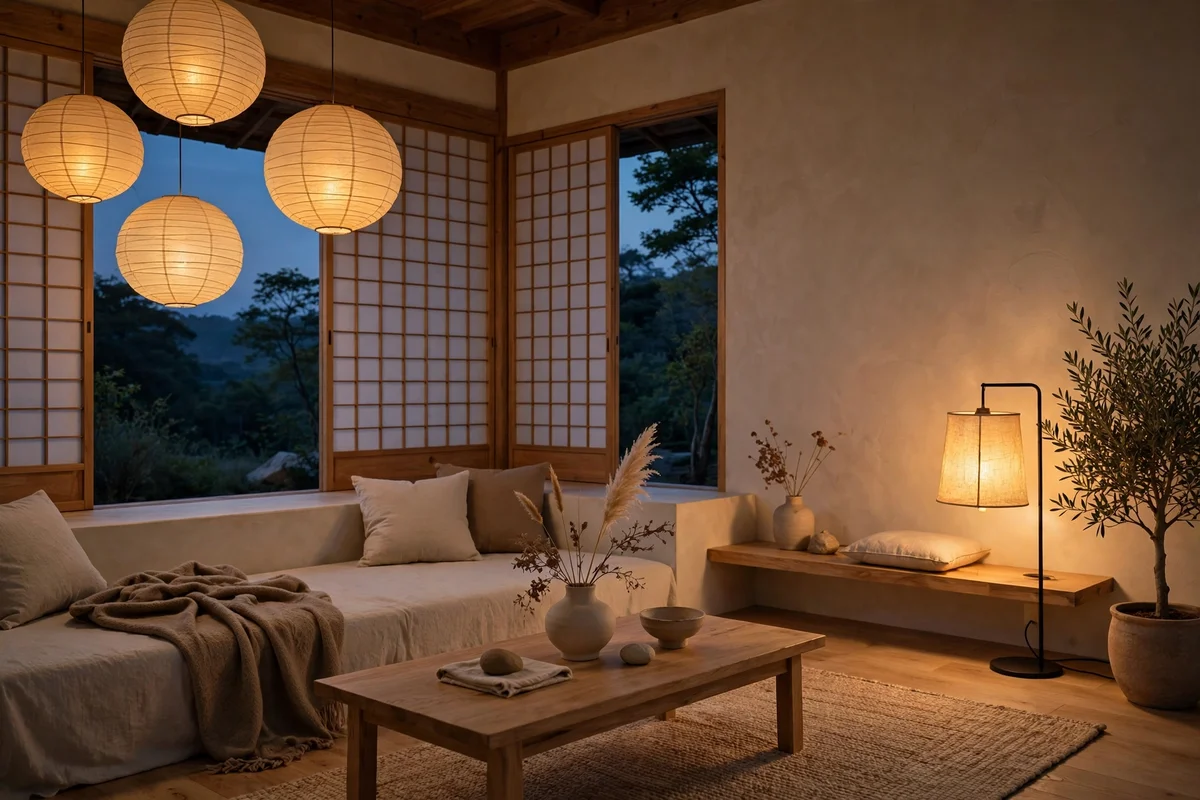 Warm 2700K ambient lighting glowing softly throughout a Japandi living room at dusk