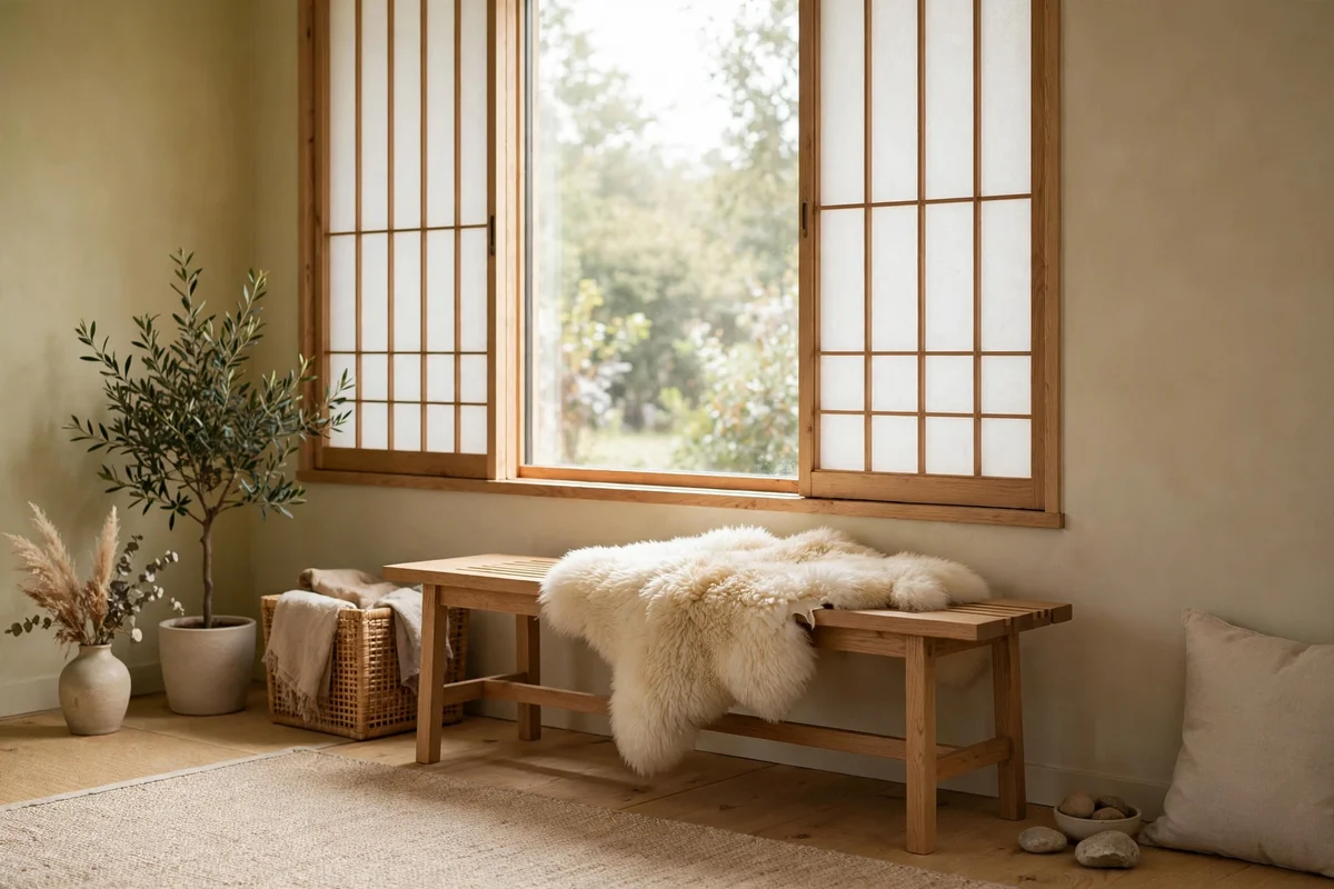 Sheepskin draped over a simple wooden bench in a cozy Japandi living room