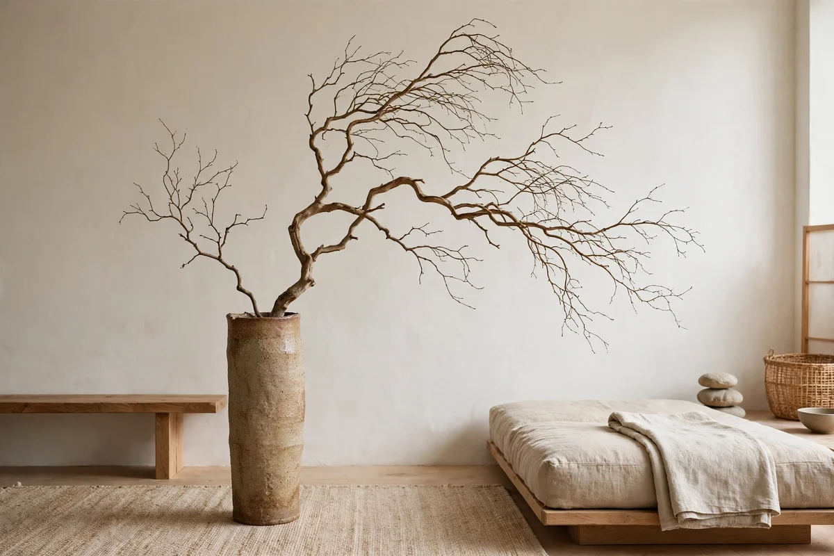 Single sculptural branch displayed in a tall ceramic vase in a Japandi living room