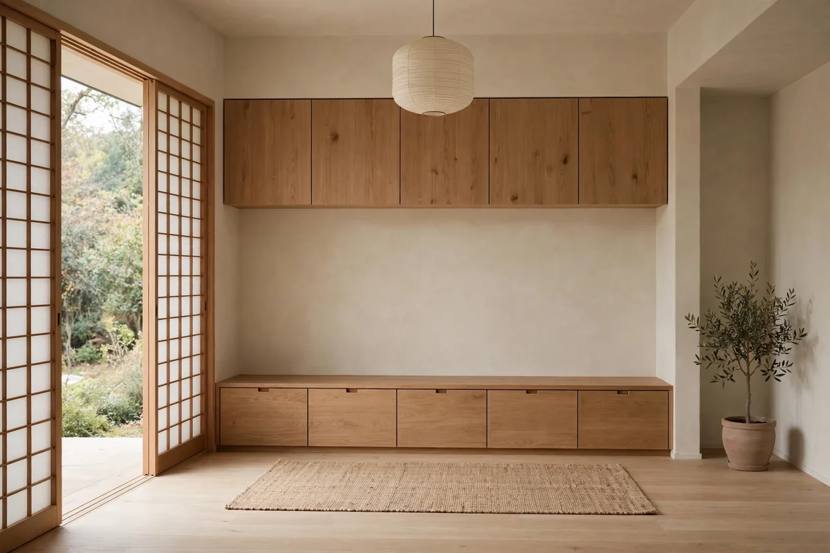 Concealed storage with push-latch doors keeping surfaces clear in a Japandi living room