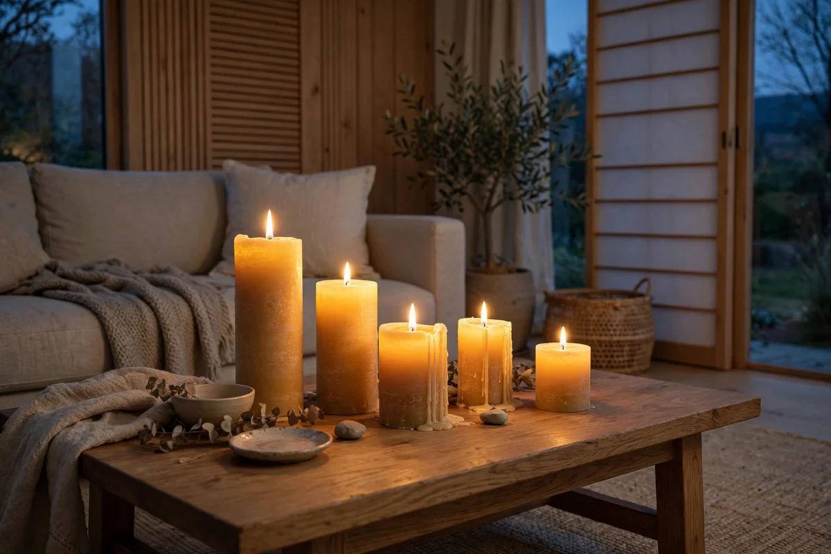 Natural beeswax candles glowing warmly on a coffee table in a Japandi living room at dusk