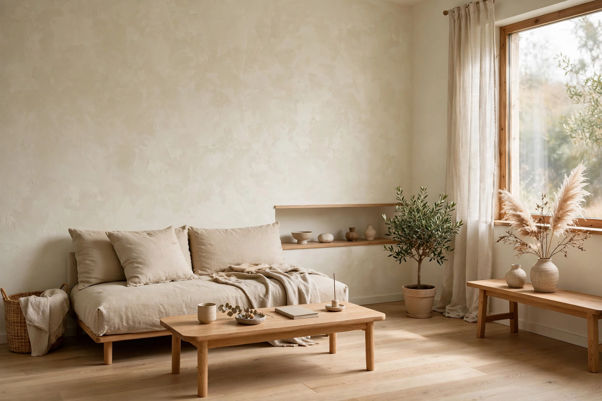 Studio apartment living area with warm white limewash walls and light wood Japandi furniture