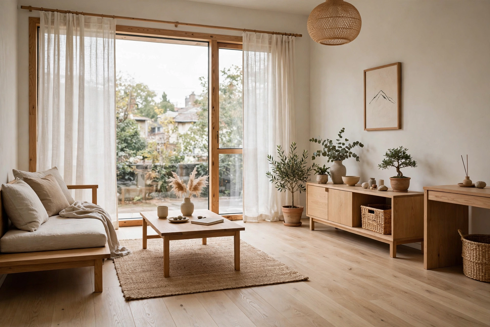 Light oak wood flooring running toward a bright window in a Japandi studio apartment