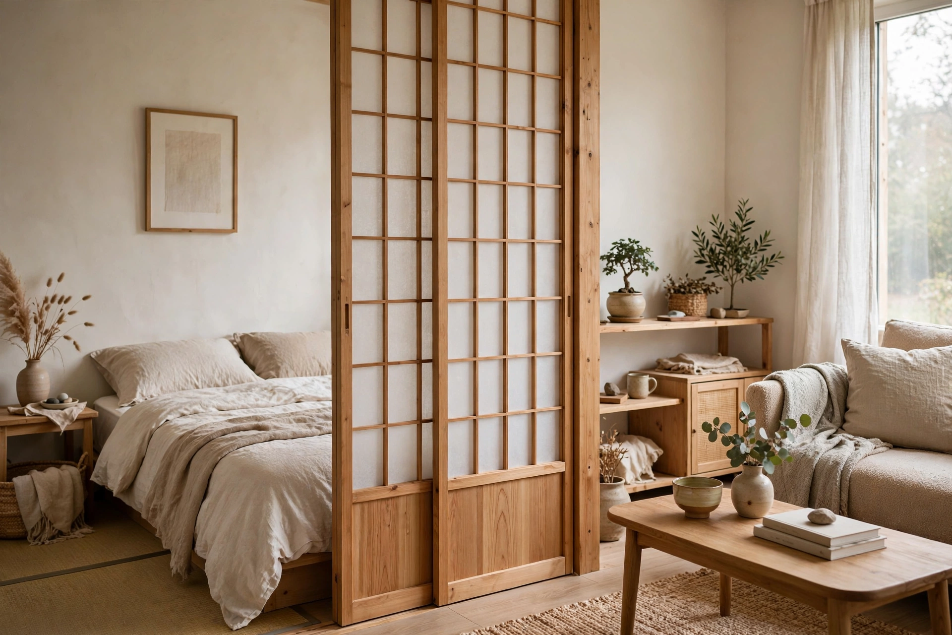 Wooden shoji screen divider separating a sleeping nook in a Japandi studio apartment