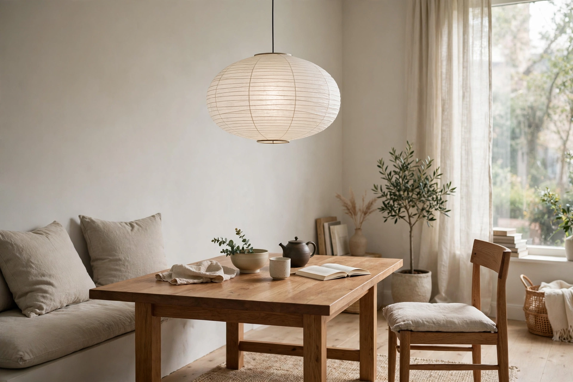 Round washi paper lantern pendant glowing softly over a Japandi dining corner