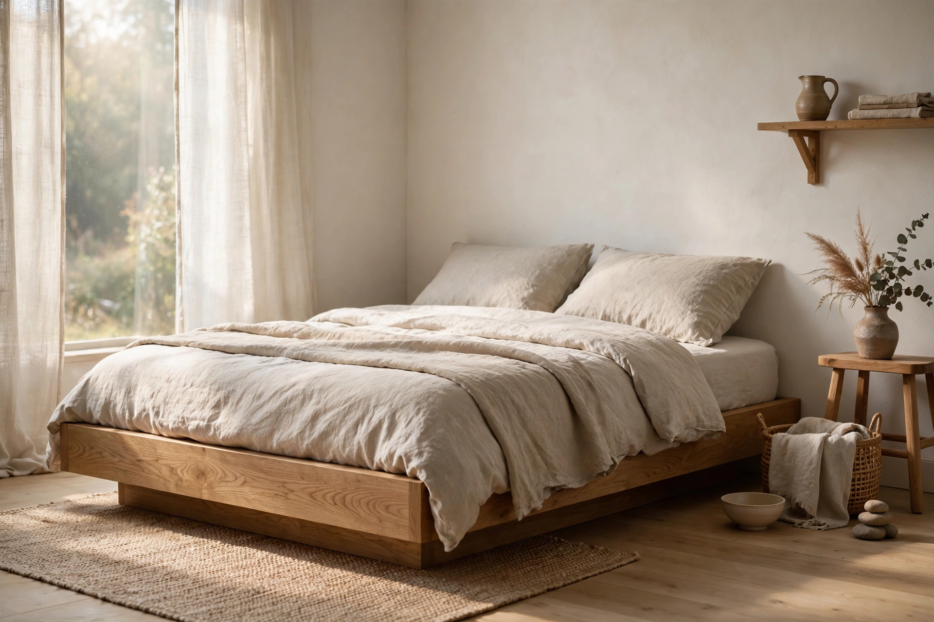 Low wooden platform bed with neutral linen bedding in a calm Japandi studio sleeping zone