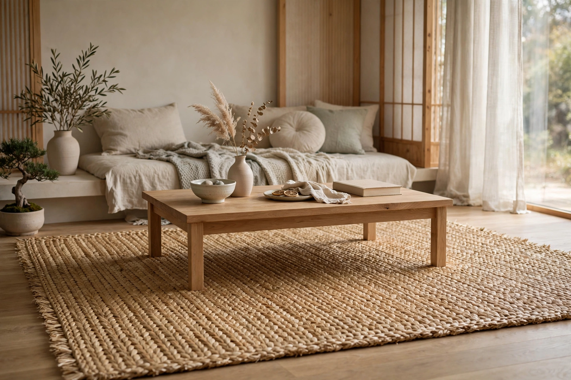 Tatami-style woven rush rug under a low table in a Japandi studio living area