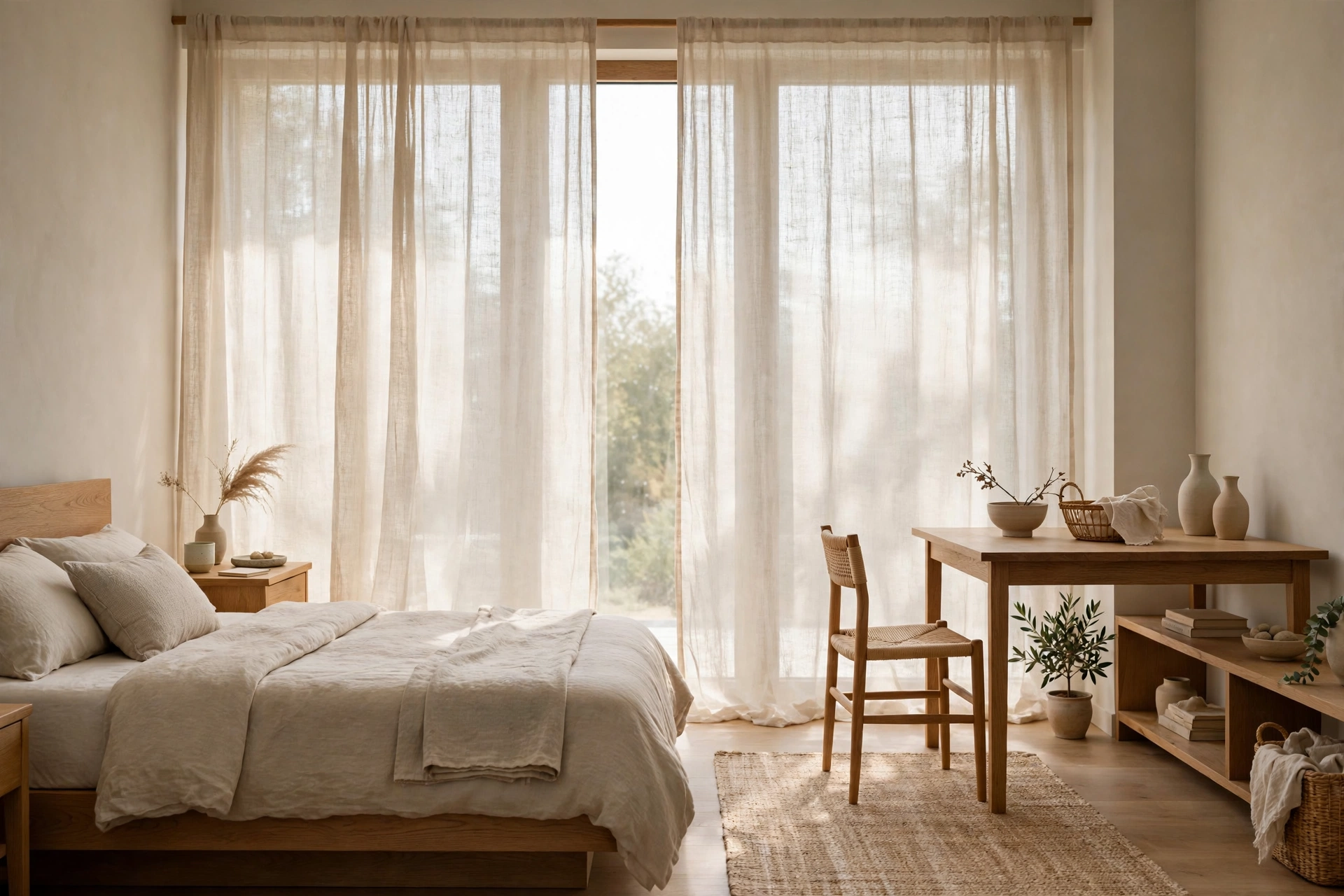Natural linen curtain panels filtering soft daylight in a Japandi studio apartment