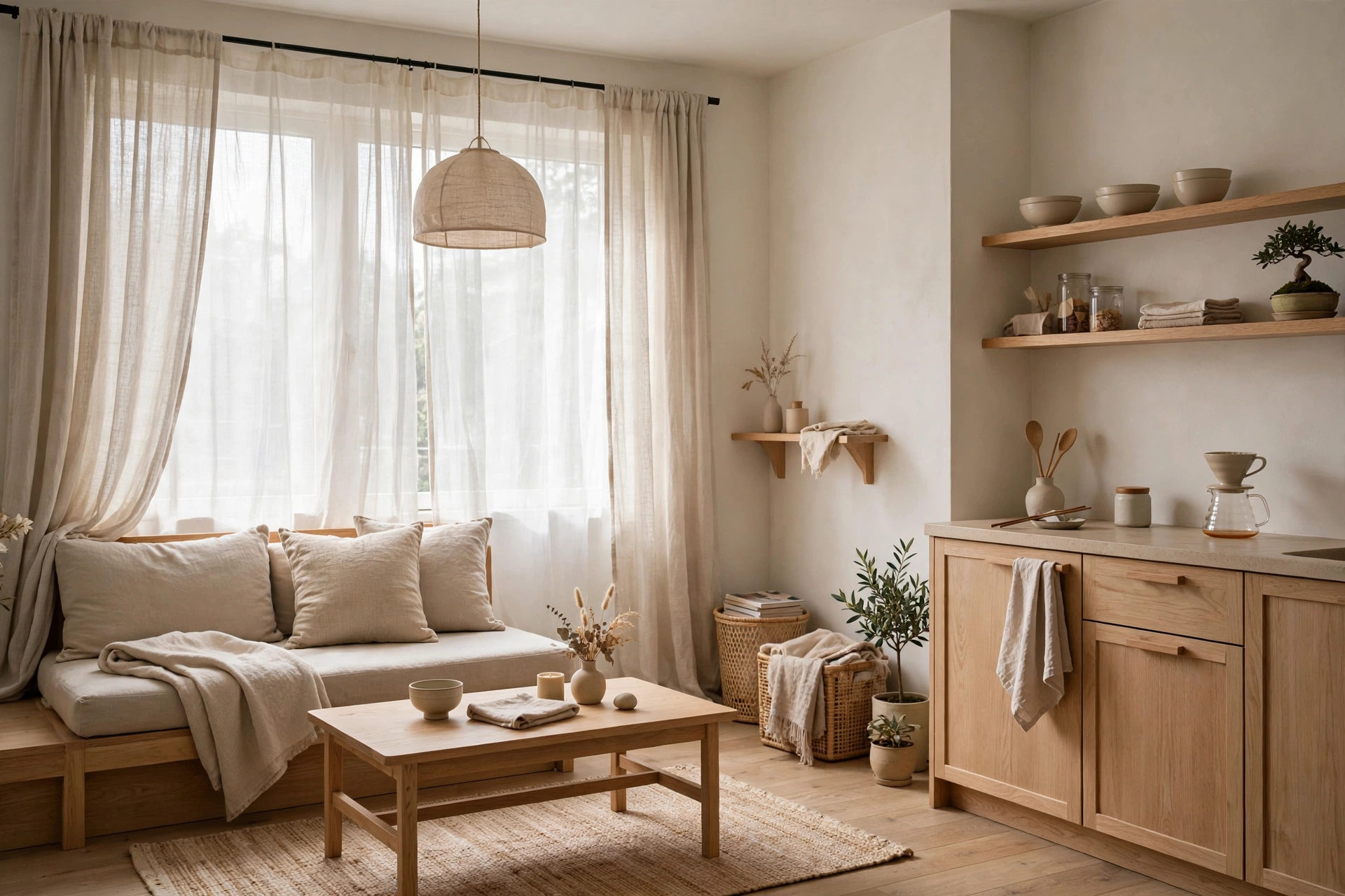 Layered sheer and oatmeal curtains creating soft diffused daylight in a Japandi studio
