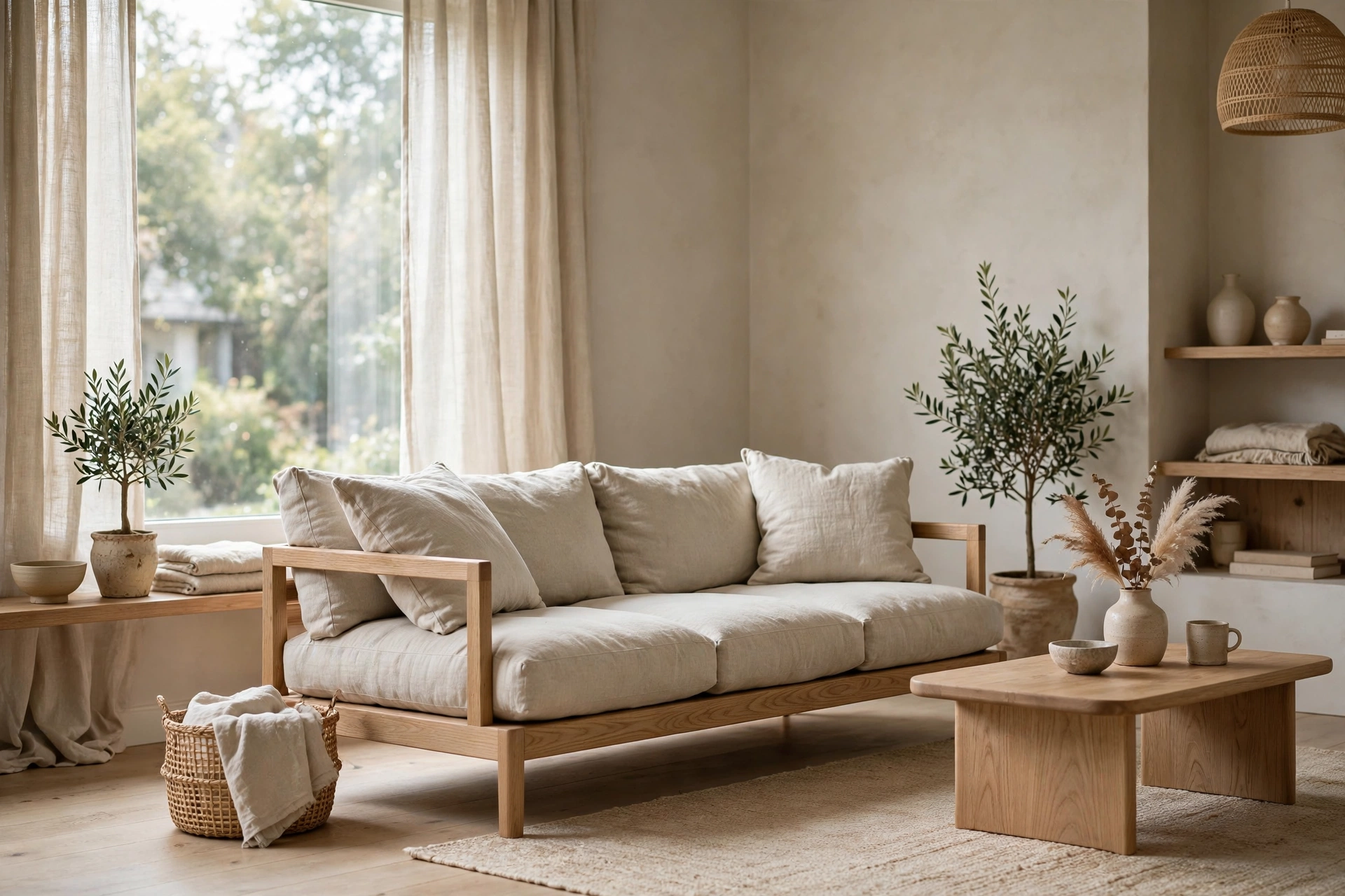 Low-profile oak sofa with oatmeal cushions in a bright Japandi studio living room
