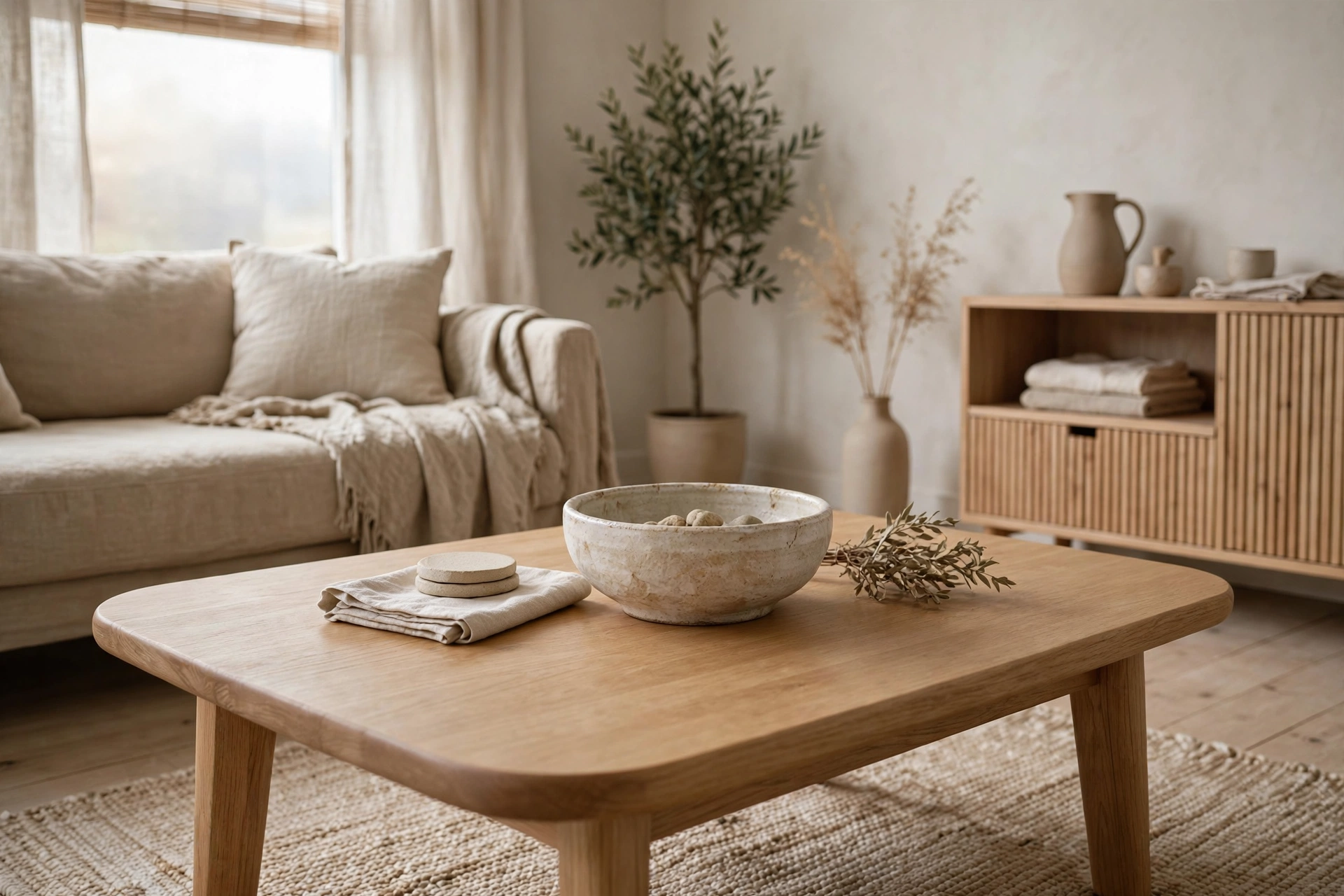 Solid oak coffee table with rounded edges styled minimally in a Japandi studio