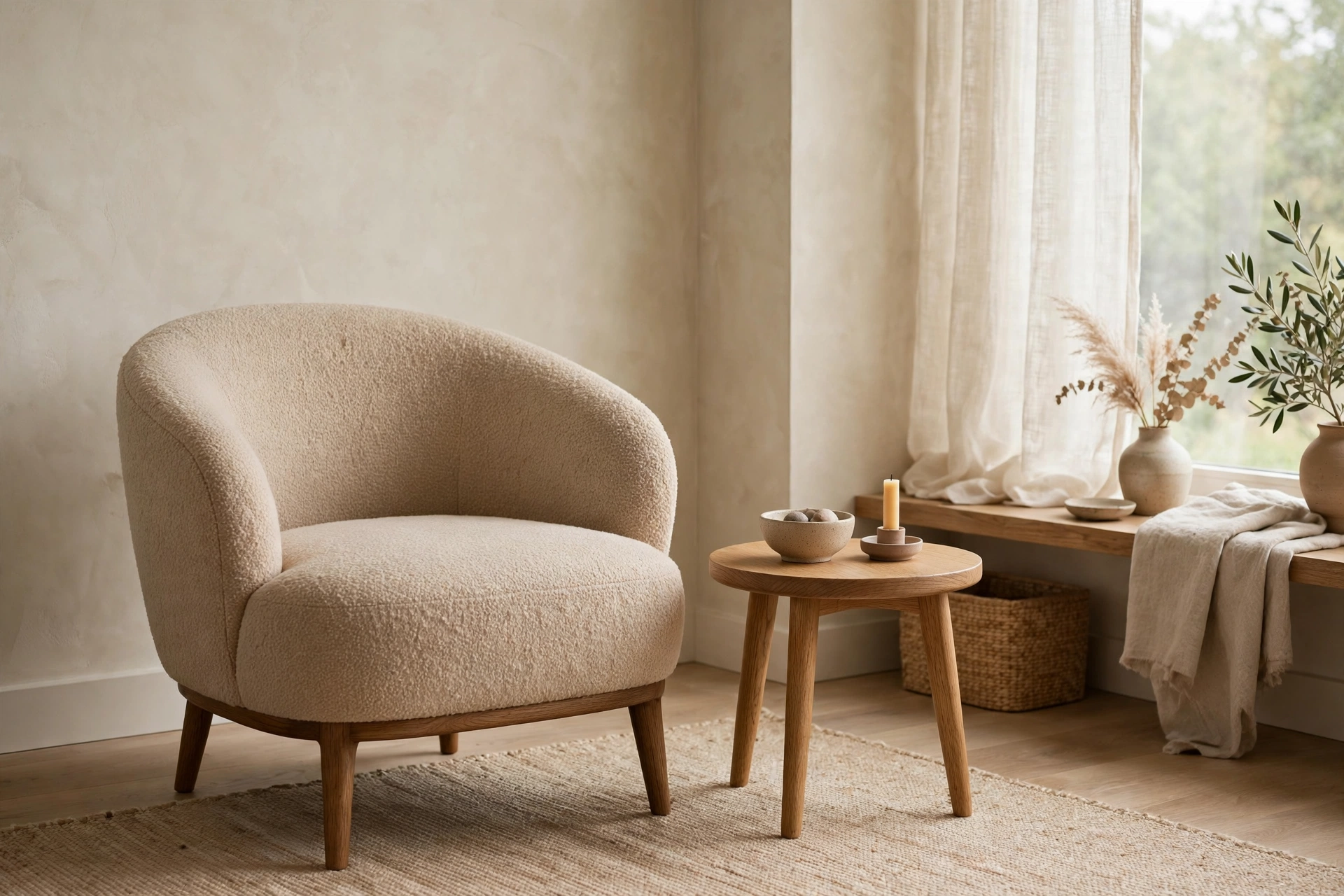 Curved bouclé accent chair in a cozy reading corner of a Japandi studio apartment