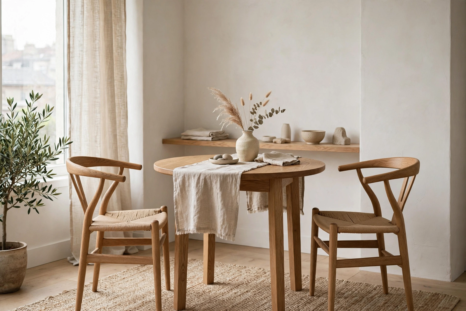 Compact round oak dining table with two tuck-under chairs by a bright window in a Japandi studio