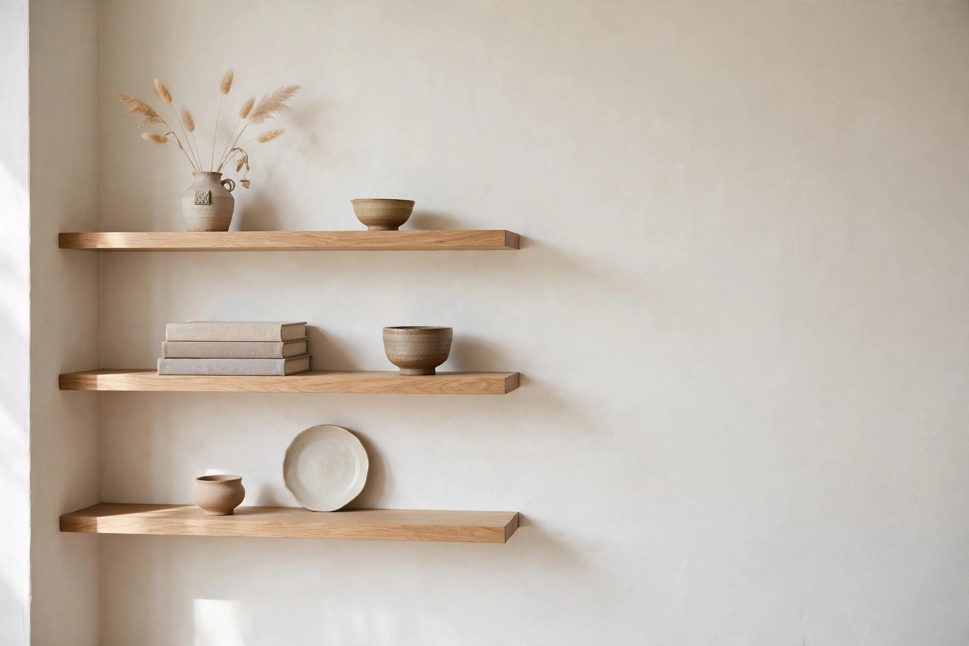 Floating oak shelves with edited ceramics and books above a desk in a Japandi studio
