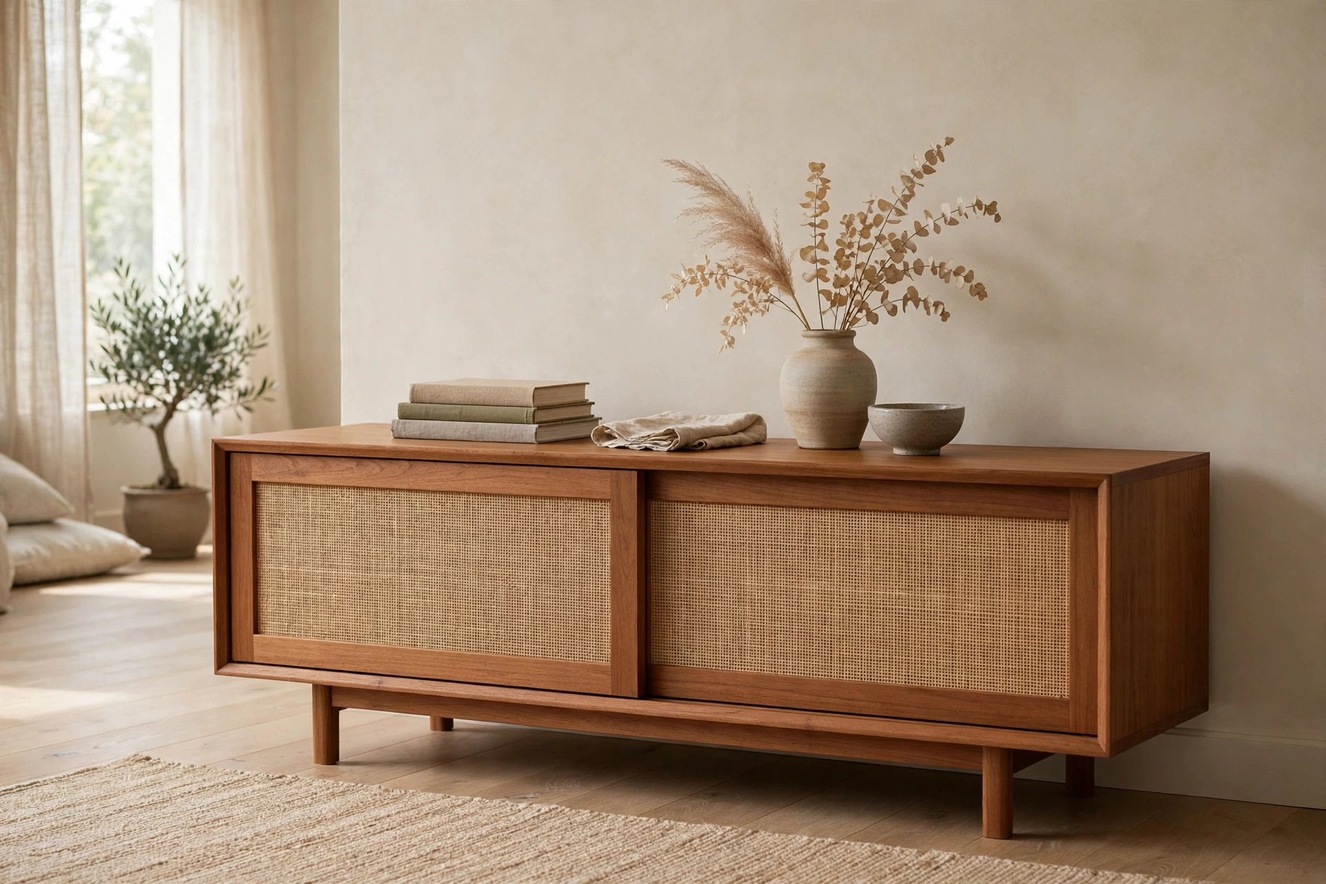 Low teak sideboard with sliding doors styled with lamp and vase in a Japandi studio