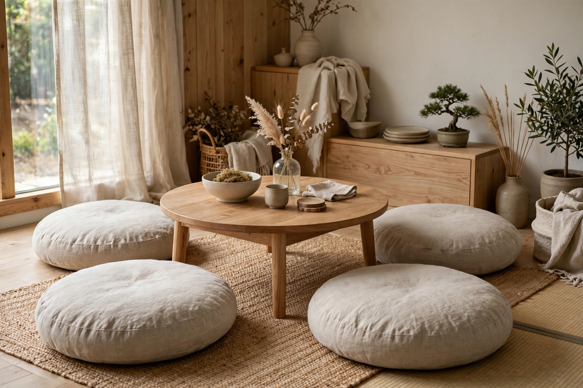 Stacked natural cotton floor cushions beside a low table in a Japandi studio