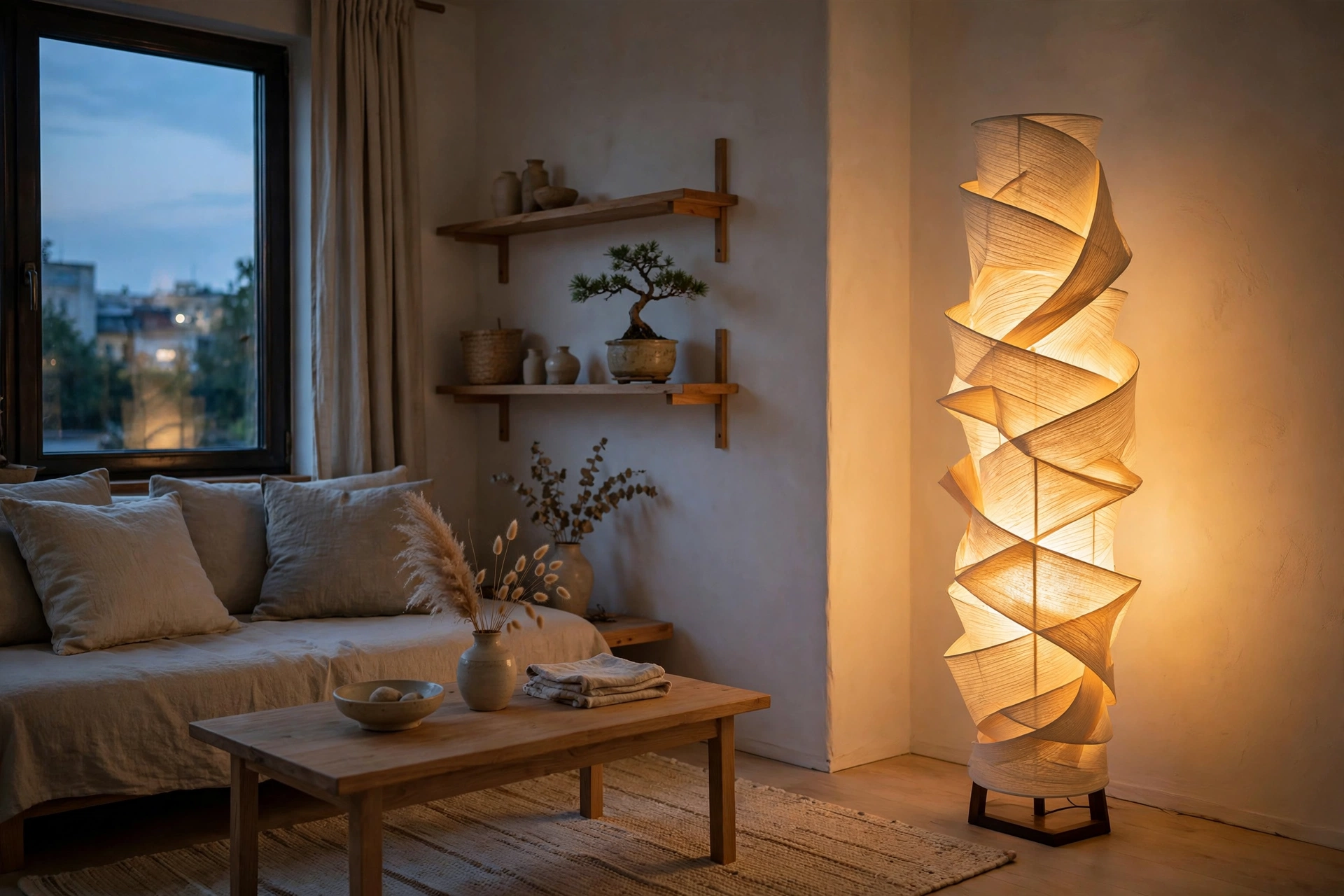 Washi paper floor lamp glowing in a dark corner of a Japandi studio apartment