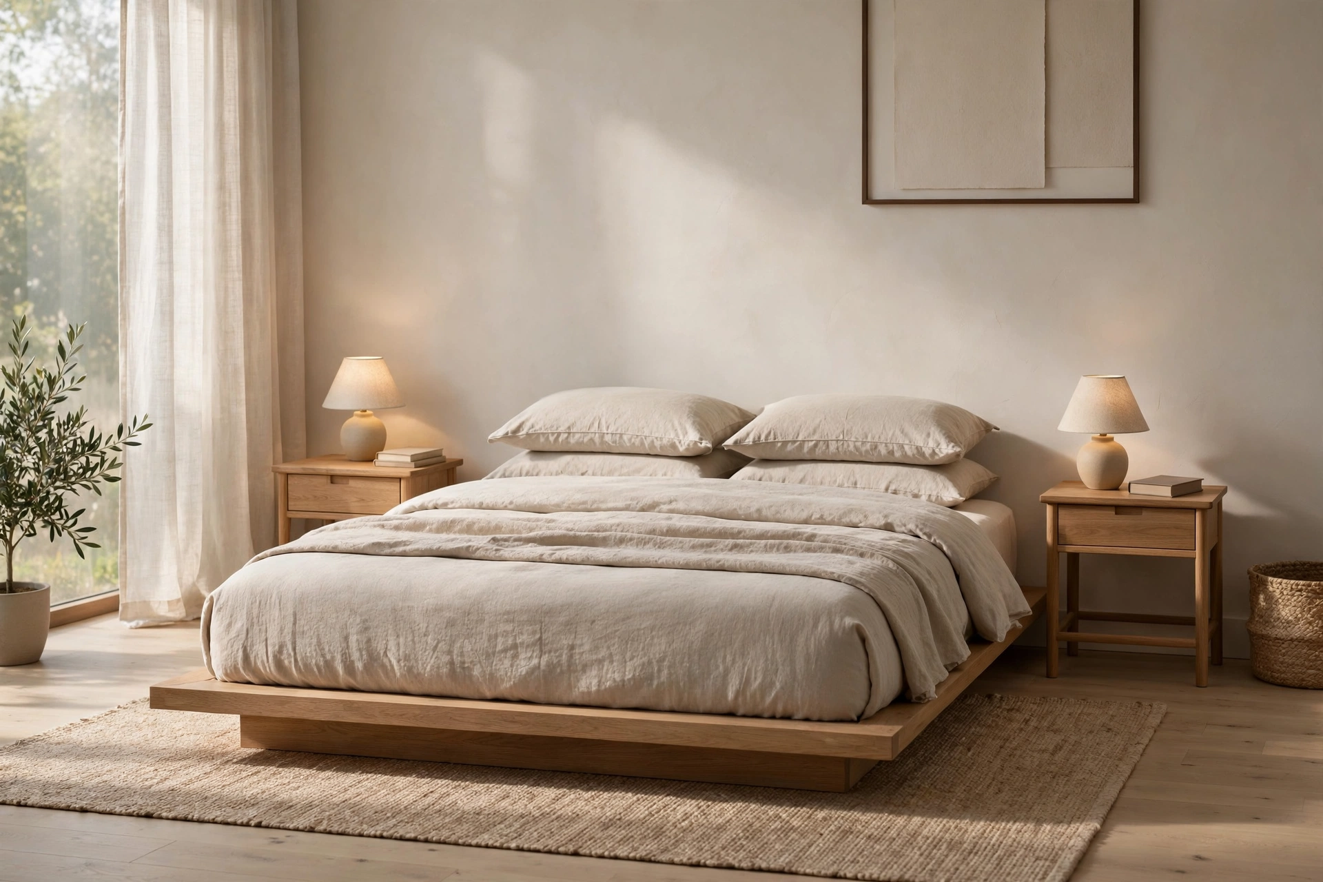 Small oak bedside tables with simple lamps flanking a low platform bed in a Japandi studio