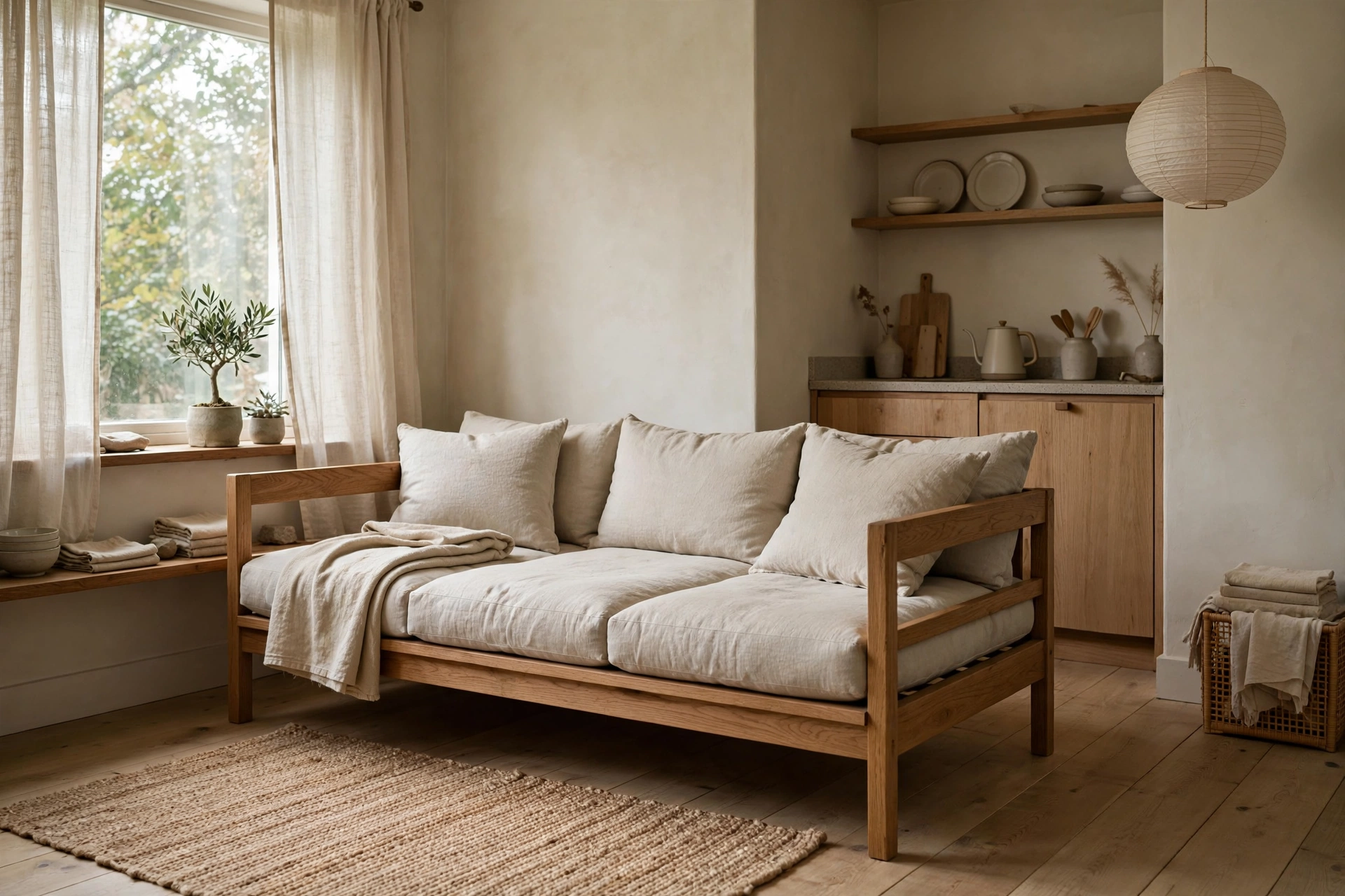 Oak daybed styled as a sofa with cushions doubling as guest bed in a Japandi studio