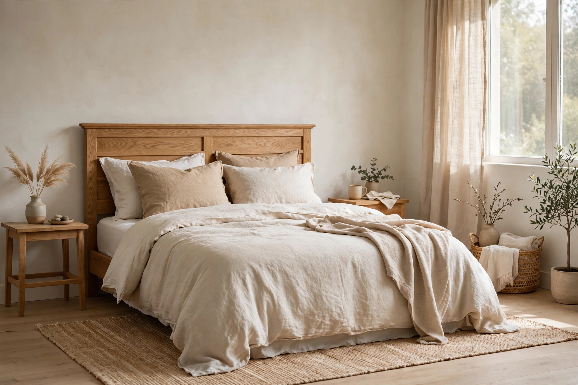 Stonewashed flax linen bedding with relaxed drape on a low bed in a Japandi studio